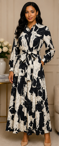 Abstract Monochrome Belted Maxi Shirt Dress