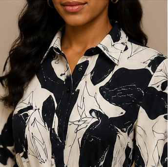 Abstract Monochrome Belted Maxi Shirt Dress
