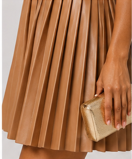 Camel Luxe Pleated Faux Leather Dress