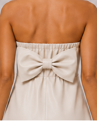 Ivory Bow Back Strapless Faux Leather Mini Dress