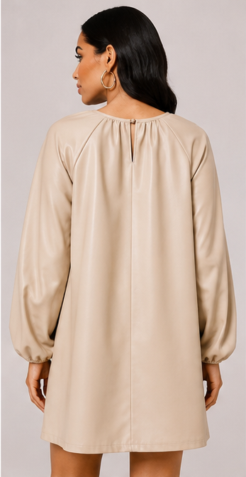 Beige Faux Leather Balloon Sleeve Shift Dress