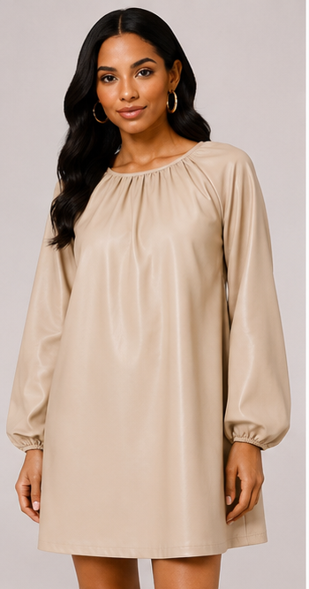 Beige Faux Leather Balloon Sleeve Shift Dress