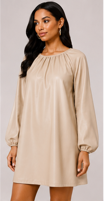 Beige Faux Leather Balloon Sleeve Shift Dress