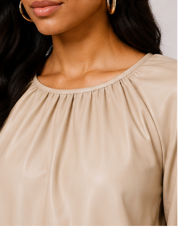 Beige Faux Leather Balloon Sleeve Shift Dress
