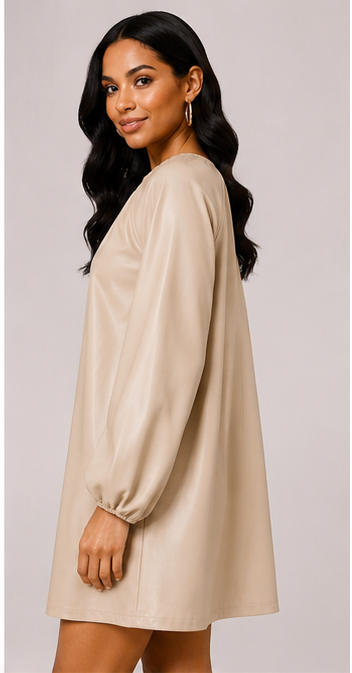 Beige Faux Leather Balloon Sleeve Shift Dress