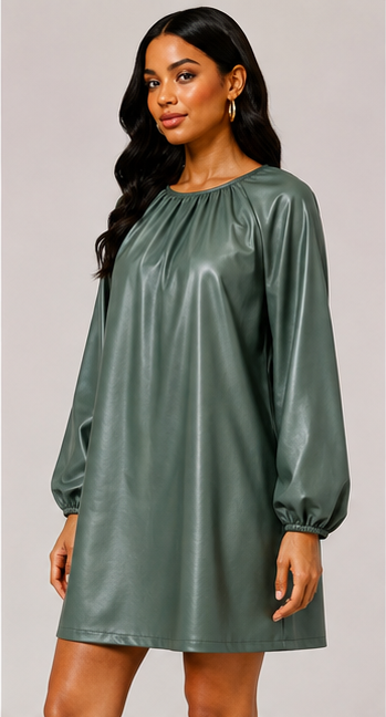 Sage Faux Leather Balloon Sleeve Shift Dress
