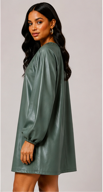 Sage Faux Leather Balloon Sleeve Shift Dress