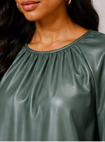 Sage Faux Leather Balloon Sleeve Shift Dress