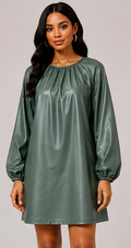 Sage Faux Leather Balloon Sleeve Shift Dress