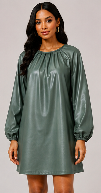 Sage Faux Leather Balloon Sleeve Shift Dress