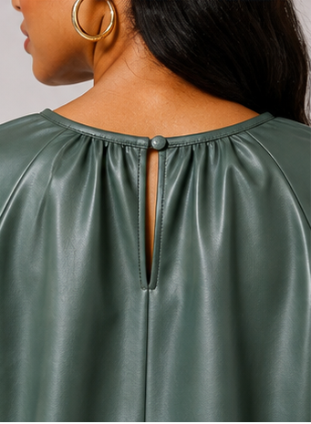 Sage Faux Leather Balloon Sleeve Shift Dress