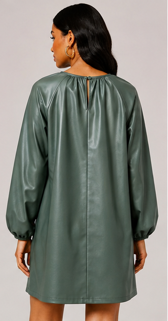 Sage Faux Leather Balloon Sleeve Shift Dress
