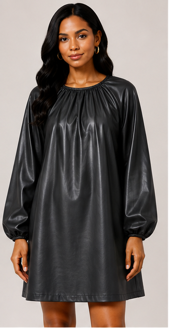 Black Faux Leather Gathered Shift Dress