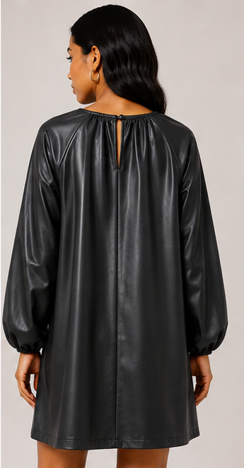 Black Faux Leather Gathered Shift Dress