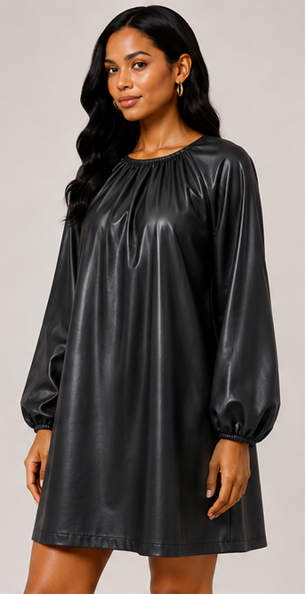Black Faux Leather Gathered Shift Dress