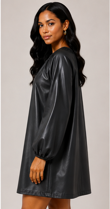 Black Faux Leather Gathered Shift Dress