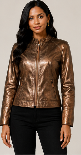 Metallic Bronze Faux Leather Zip Jacket