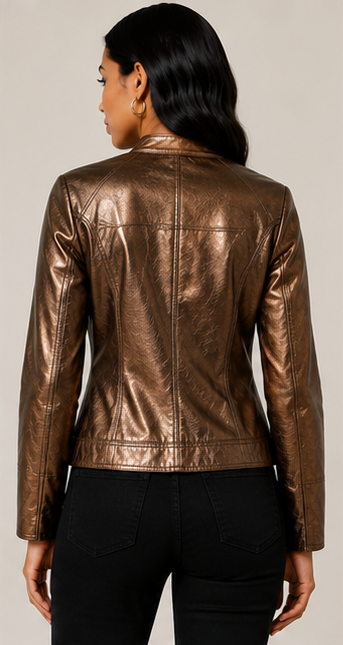 Metallic Bronze Faux Leather Zip Jacket