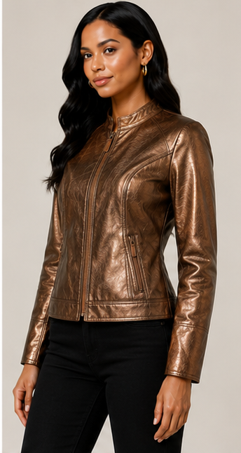 Metallic Bronze Faux Leather Zip Jacket