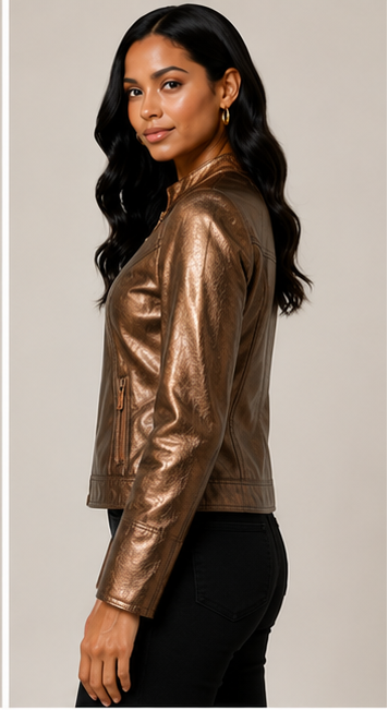 Metallic Bronze Faux Leather Zip Jacket