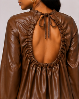 Mocha Luxe Open-Back Faux Leather Dress