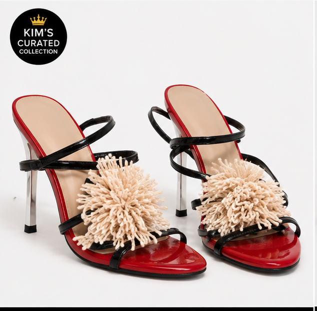 Red & Black Pom-Pom Statement Heels