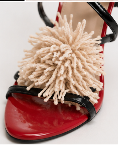 Red & Black Pom-Pom Statement Heels