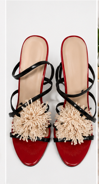 Red & Black Pom-Pom Statement Heels