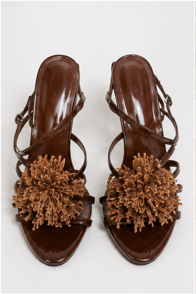 Chocolate Pom-Pom Strappy Heels