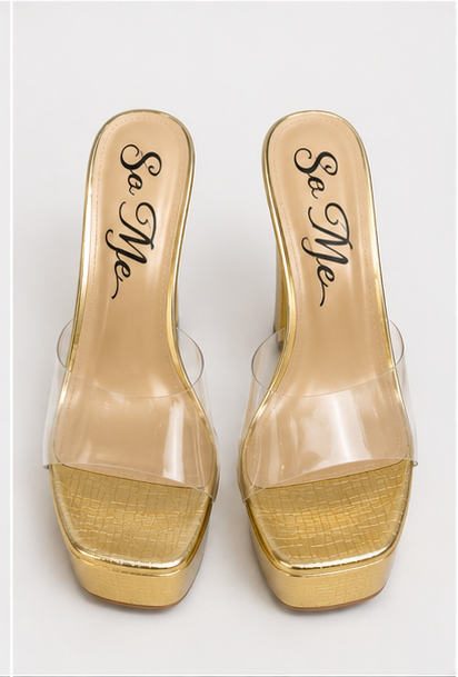 Clear-Strap Metallic Gold Platform Heels