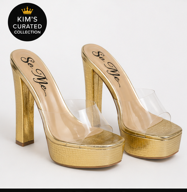 Clear-Strap Metallic Gold Platform Heels