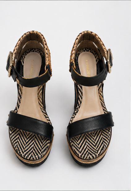 Black & Natural Woven Platform Wedge Sandals