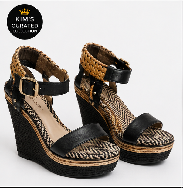 Black & Natural Woven Platform Wedge Sandals