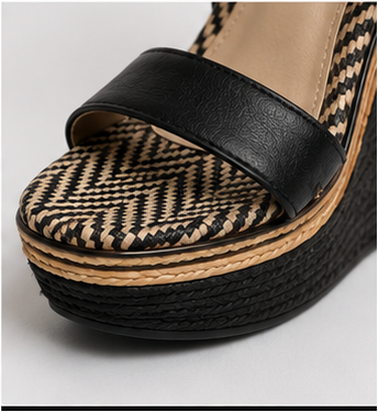 Black & Natural Woven Platform Wedge Sandals