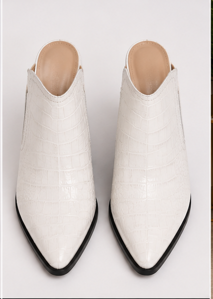 White Croc-Embossed Western Heeled Booties