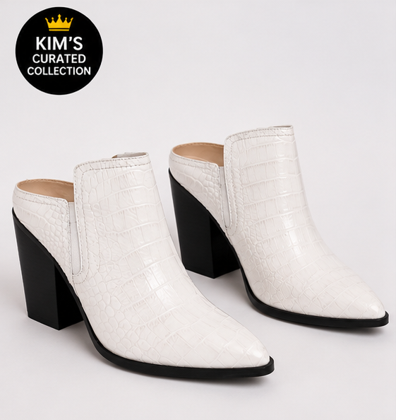 White Croc-Embossed Western Heeled Booties