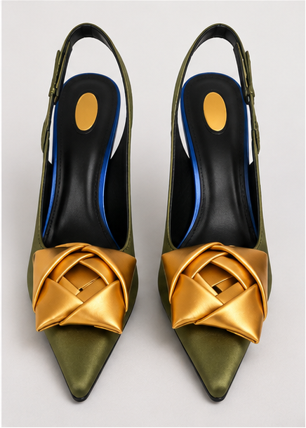 Olive & Gold Bow Pointed-Toe Slingback Heels