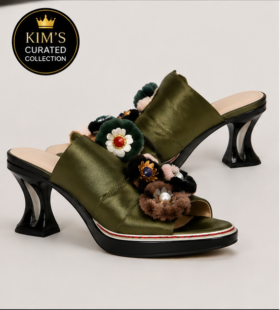 Olive Floral Appliqué Heeled Mules