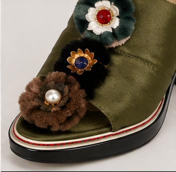 Olive Floral Appliqué Heeled Mules
