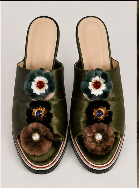 Olive Floral Appliqué Heeled Mules