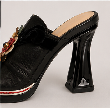 Black Floral Appliqué Statement Heels