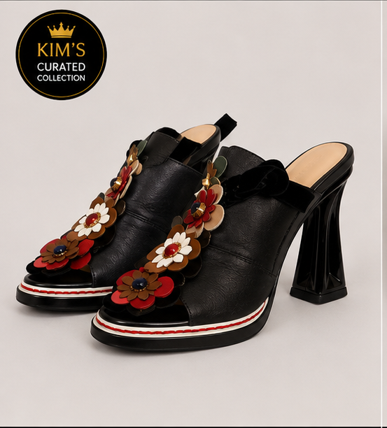Black Floral Appliqué Statement Heels