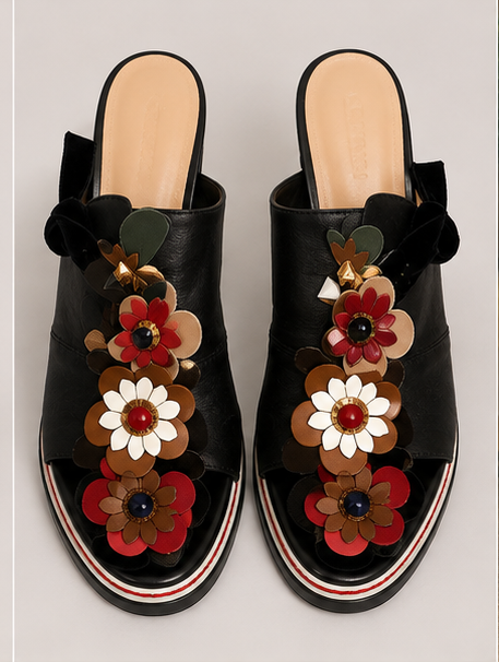 Black Floral Appliqué Statement Heels