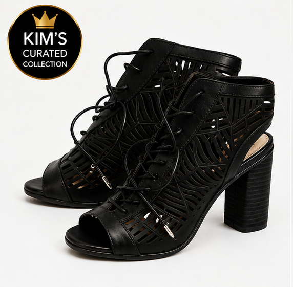 Black Laser-Cut Lace-Up Block Heel Booties