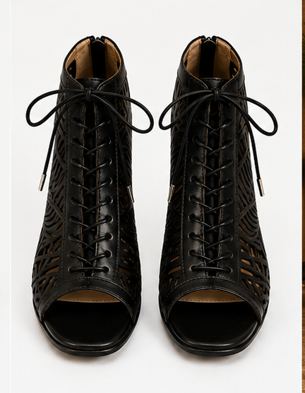 Black Laser-Cut Lace-Up Block Heel Booties