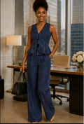Executive Edge Navy Pinstripe Peplum Pants Set