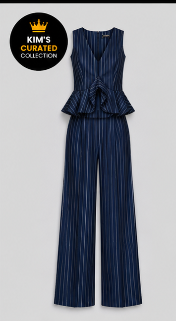 Executive Edge Navy Pinstripe Peplum Pants Set