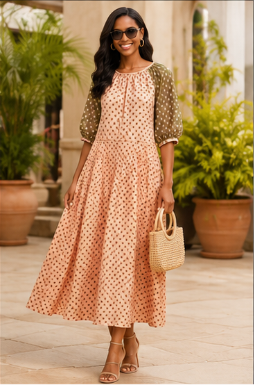Peach Garden Contrast-Sleeve Dress