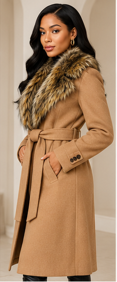 Express Faux Fur Collar Belted Coat – Camel