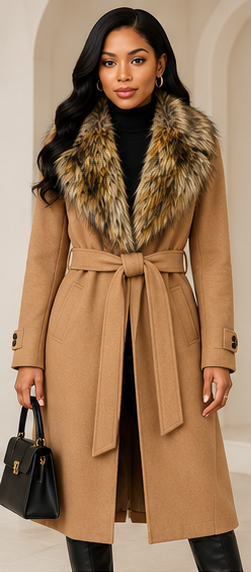 Express Faux Fur Collar Belted Coat – Camel